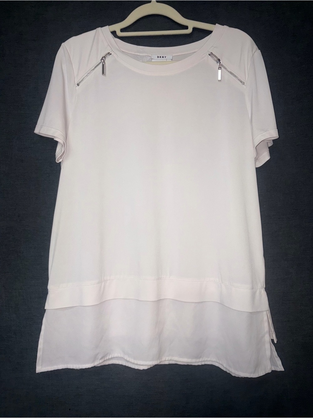 DKNY Pale Pink Short Sleeve Layered Top with Shoulder Zips